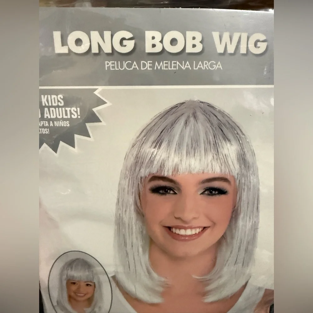 Unbranded Long Bob Wig in Silver and White Fits Youth and Adult Party City NWT